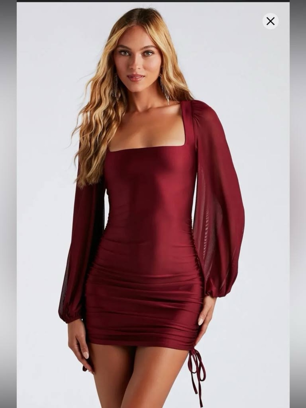 Windsor Burgundy Square-Neck Mini Dress with Sheer Balloon Sleeves